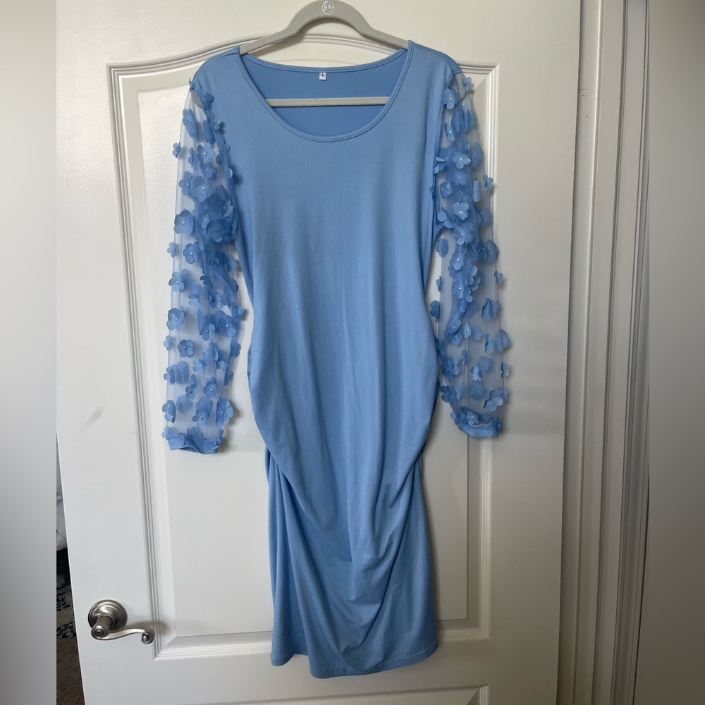 Elegant Blue Dress with Sheer Sleeves